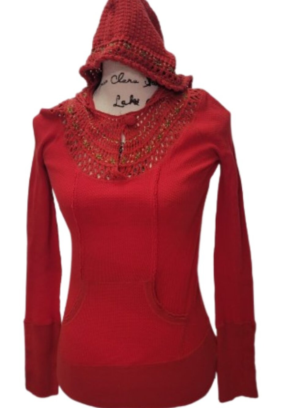 Free People Red Crochet Hood Hoodie Sweater Gold Metallic Snap Cuff Modal Size S